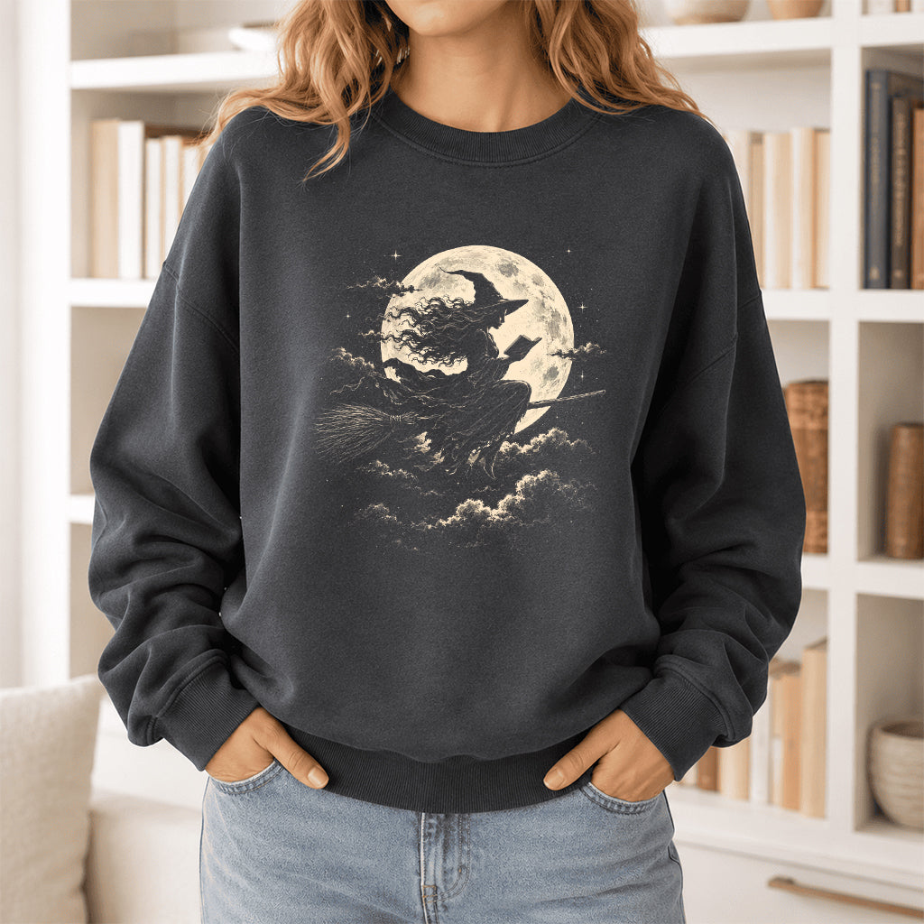 Reading Witch On The Flying Broom Printed Sweatshirt | Halloween Reader Gift Dark Heather