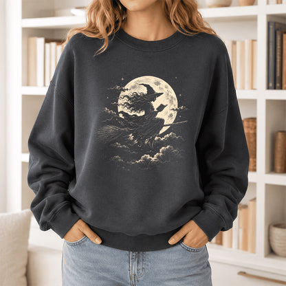 Reading Witch On The Flying Broom Printed Sweatshirt | Halloween Reader Gift Dark Heather