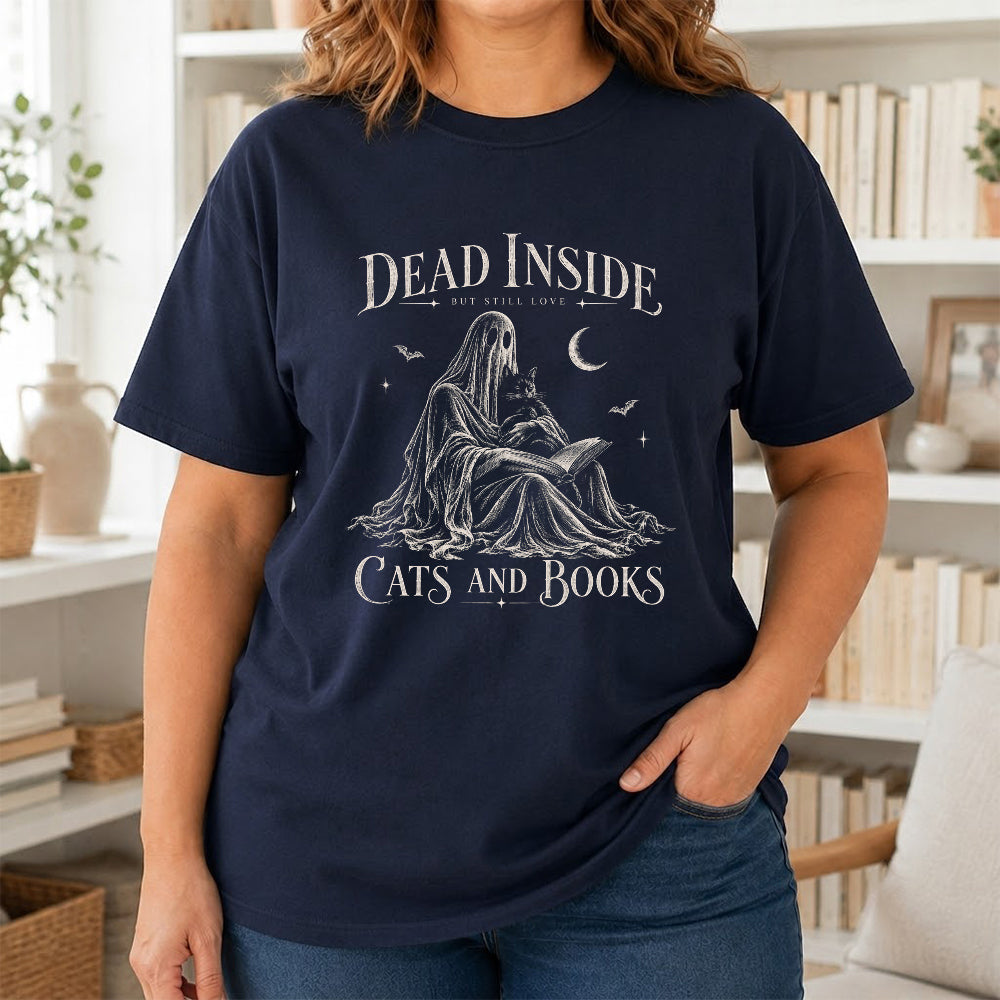 Dead Inside But Still Love Cats And Books Printed T-Shirt | Halloween Gift Navy