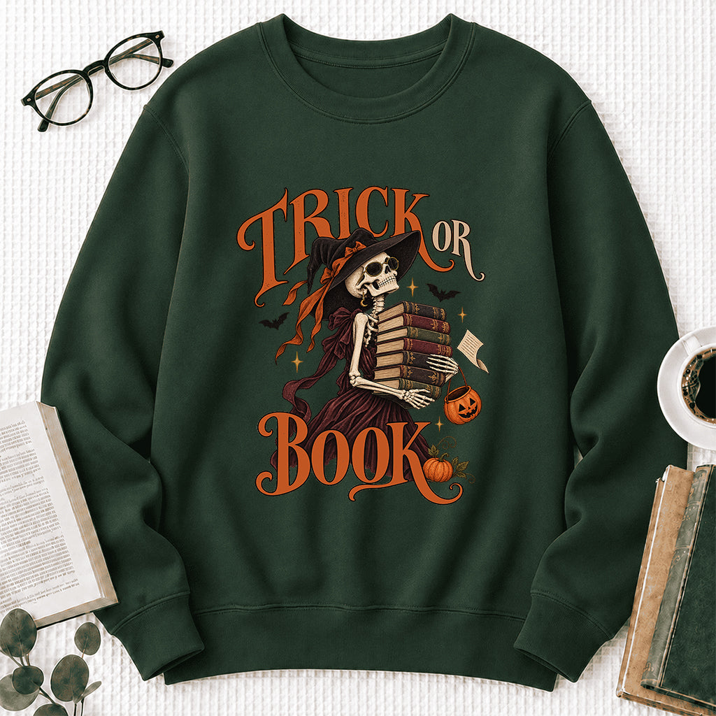 Trick Or Book Printed Sweatshirt | Halloween Book Lover Gift Forest Green