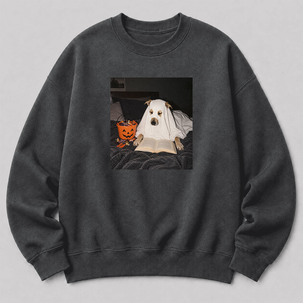 Cute Reading Ghost Dog Printed Sweatshirt | Halloween Book Lover Gift Dark Heather