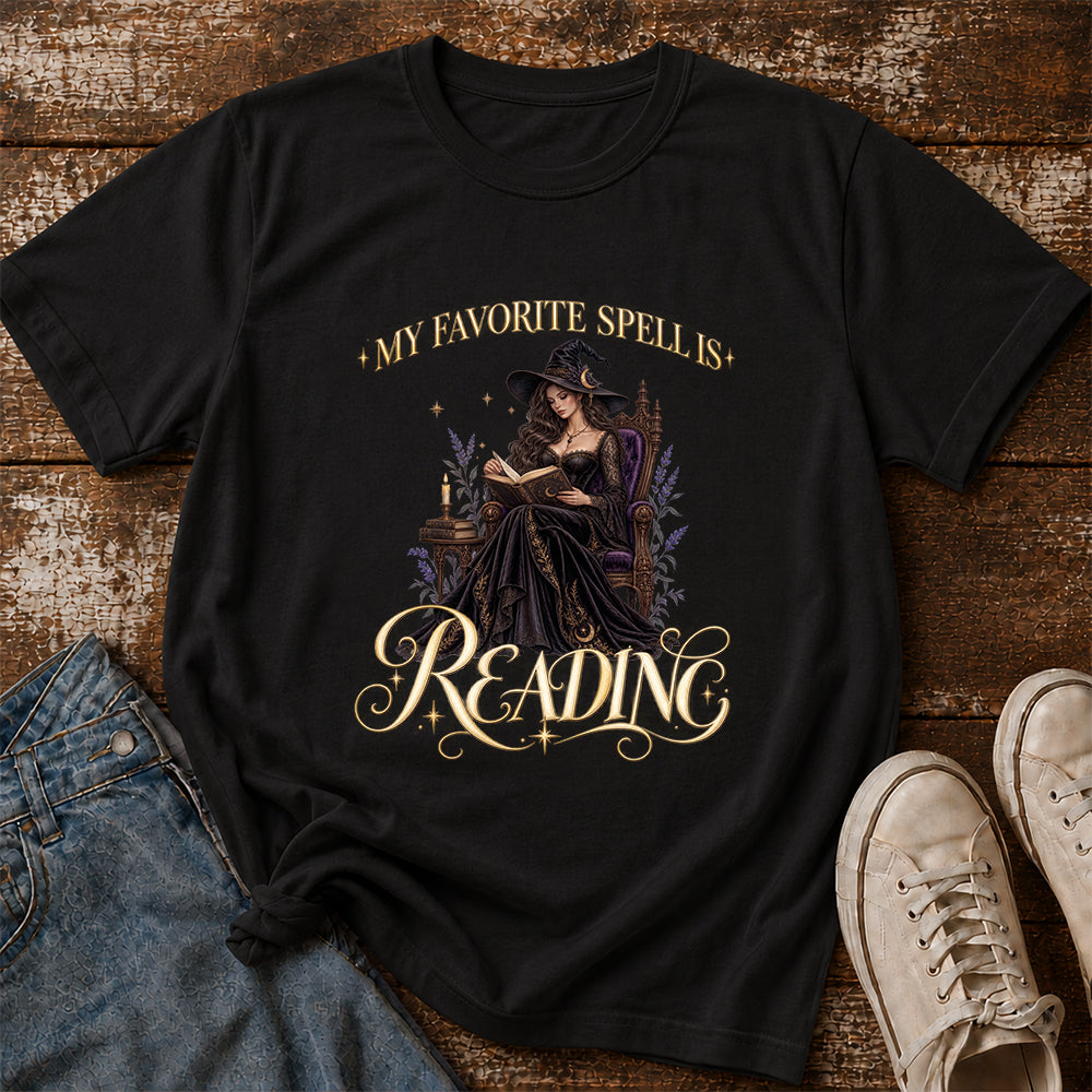 My Favorite Spell Is Reading Printed T-Shirt | Halloween Fantasy Book Lover Gift Black