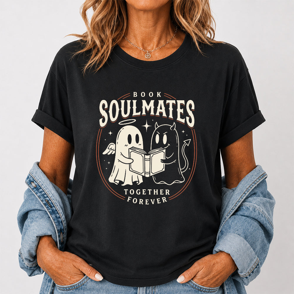 Book Soulmates Together Forever Printed T-Shirt | Halloween Book Lover Gift Black