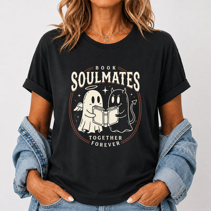 Book Soulmates Together Forever Printed T-Shirt | Halloween Book Lover Gift Black