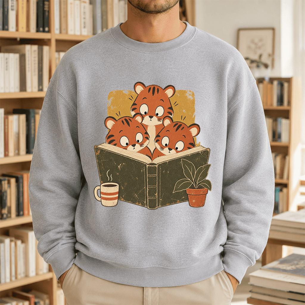 Minimal Japanese Tigers Reading Crewneck Sweatshirt | Reader Gift Sport Grey