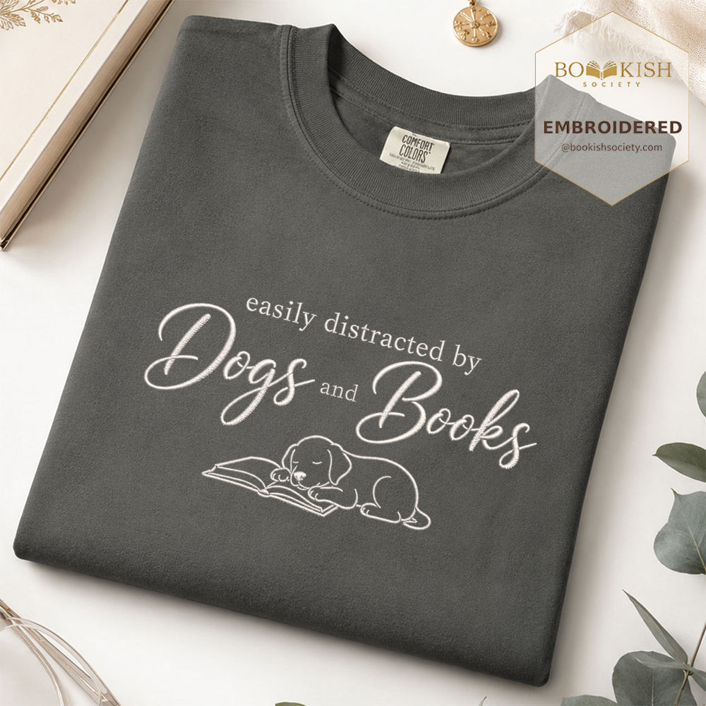 Easily Distracted By Dogs And Books Embroidered Comfort Color® T-shirt | Book Lover Gift Pepper