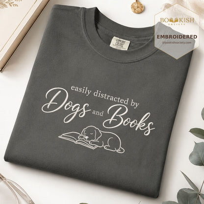 Easily Distracted By Dogs And Books Embroidered Comfort Color® T-shirt | Book Lover Gift Pepper