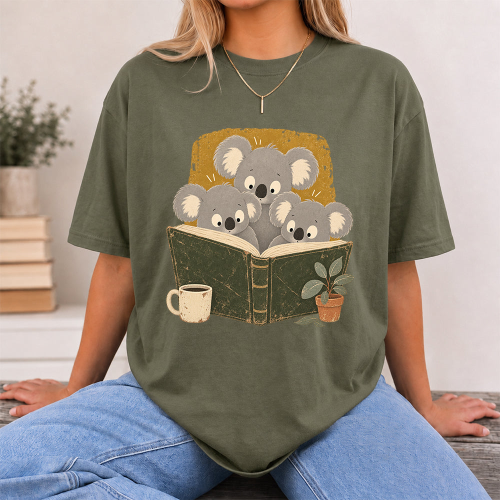 Minimal Japanese Koalas Reading Softstyle T-Shirt | Book Lover Gift Military Green