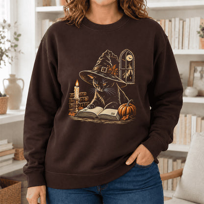 Reading Black Cat Witch Printed Sweatshirt | Halloween Book Lover Gift Dark Chocolate