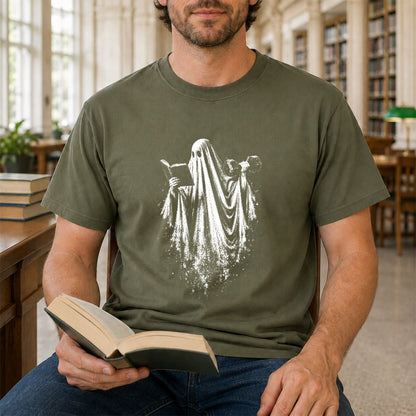 Reading Gym Ghost Printed T-Shirt | Halloween Book Lover Gift Military Green