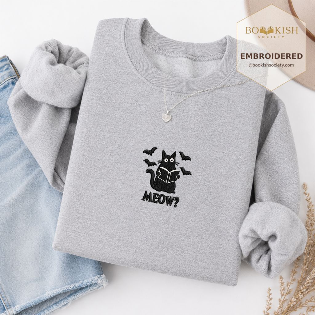 Halloween Meow Embroidered Sweatshirt | Spooky Book Lover Gift Sport Grey