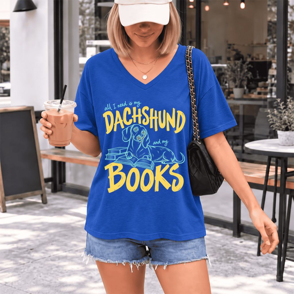 All I Need Is My Dachshund And My Books Ultra-Soft V-Neck | Dog Mom Reader Gift True Royal