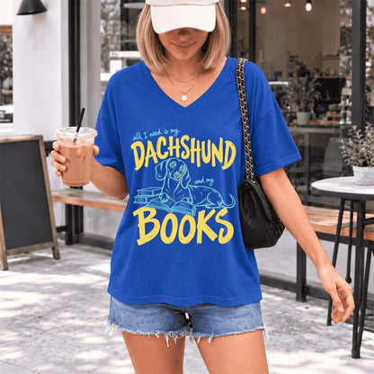 All I Need Is My Dachshund And My Books Ultra-Soft V-Neck | Dog Mom Reader Gift True Royal