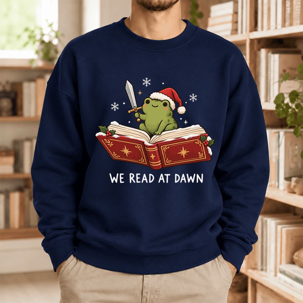 We Read At Dawn Frog Softstyle Sweatshirt | Christmas Book Lover Gift Navy