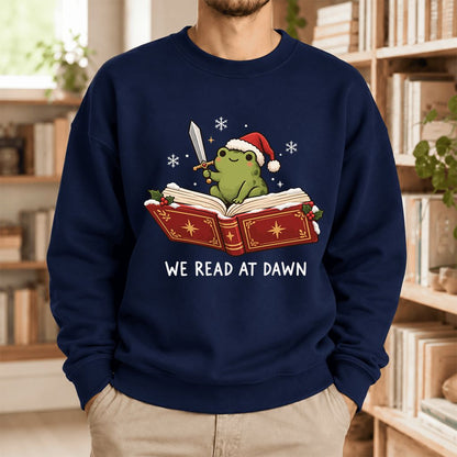 We Read At Dawn Frog Softstyle Sweatshirt | Christmas Book Lover Gift Navy