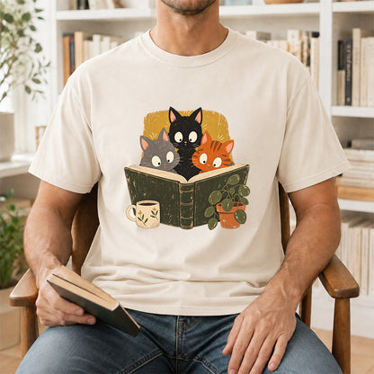 Minimal Japanese Cats Reading Softstyle T-Shirt | Book Lover Gift Natural
