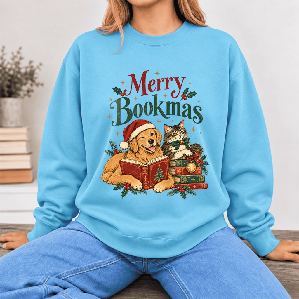 Merry Bookmas Softstyle Sweatshirt | Christmas Book Lover Gift Sky