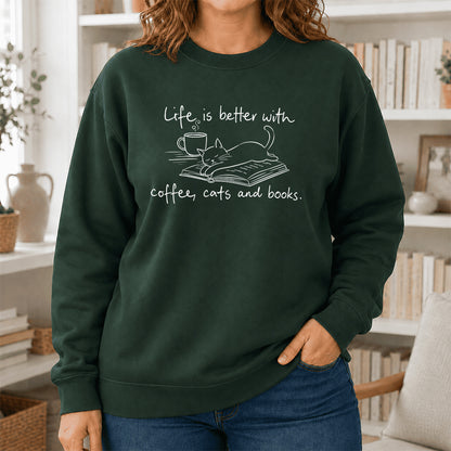 Funny Cats and Books Crewneck Sweatshirt | Reader Gift Forest Green