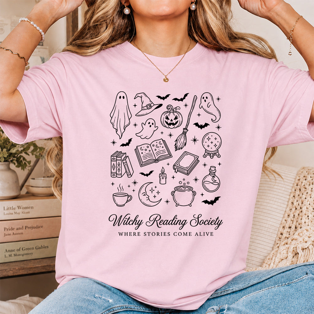 Witchy Reading Society Printed T-Shirt | Halloween Reader Gift Light Pink