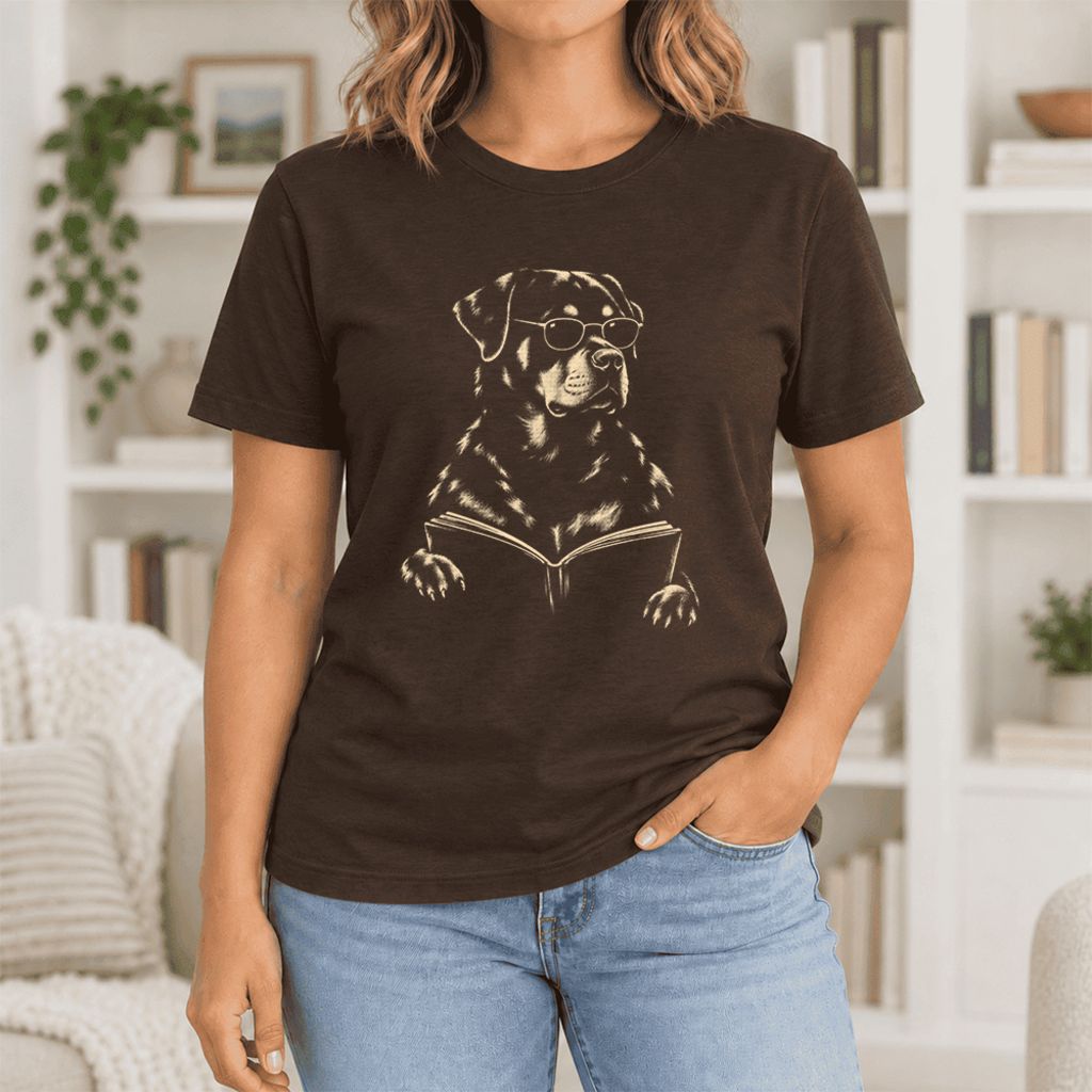Rottweiler Reading Book Ultra-Soft Cotton T-Shirt | Dog Mom Reader Gift Brown