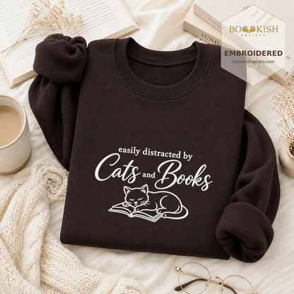 Distracted By Cats And Books Embroidered Sweatshirt | Reader Gift Dark Chocolate