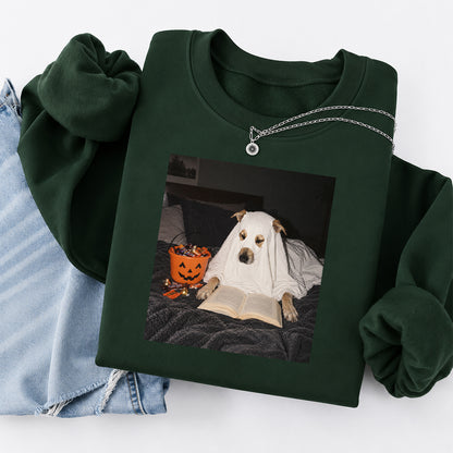 Cute Reading Ghost Dog Printed Sweatshirt | Halloween Book Lover Gift Forest Green