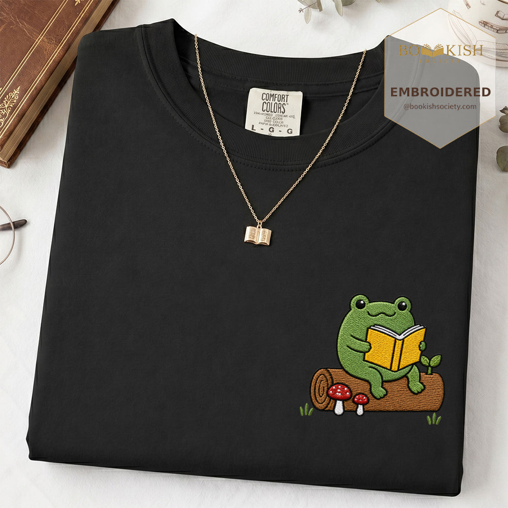 Embroidered Frog on Log Reading Book Comfort Color® T-shirt Book Lover Gift Black