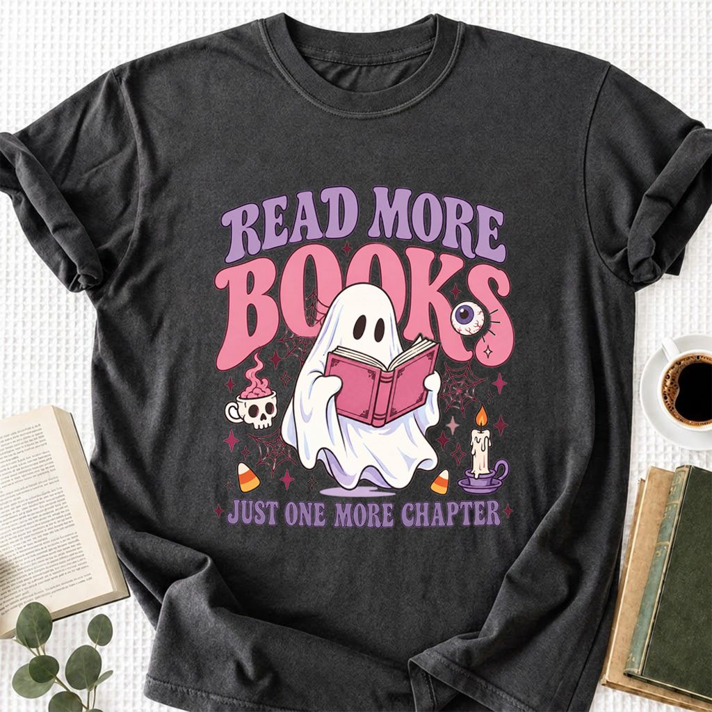 Read More Books Ghost Printed T-Shirt | Halloween Book Lover Gift Dark Heather