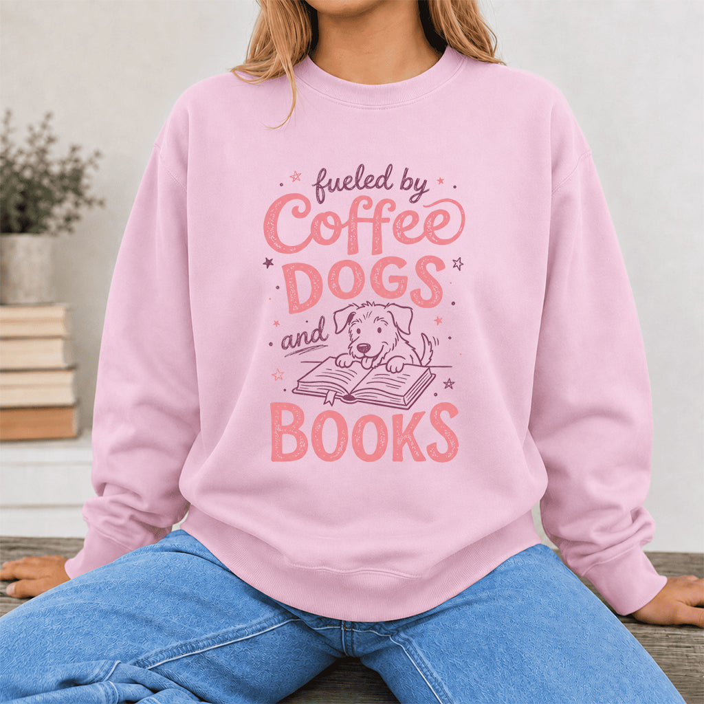 Fueled By Coffee, Dogs and Books Crewneck Sweatshirt | Coffee & Dog Lover, Reader Gift Light Pink