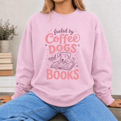 Fueled By Coffee, Dogs and Books Crewneck Sweatshirt | Coffee & Dog Lover, Reader Gift Light Pink