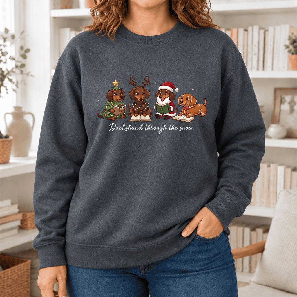 Dachshund Through The Snow Softstyle Sweatshirt | Christmas Book Lover Gift Dark Heather