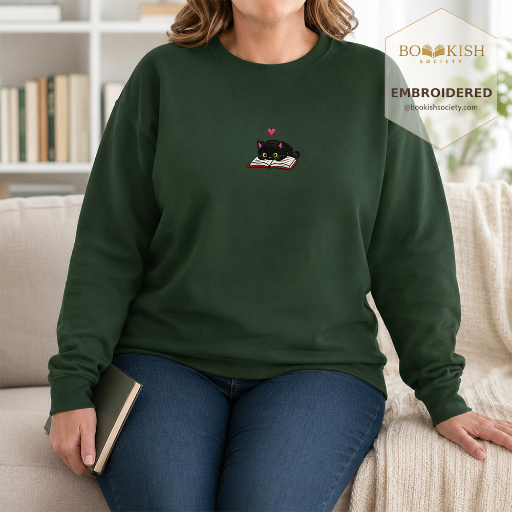Black Cat and Book Embroidered Sweatshirt | Reader Gift Forest Green