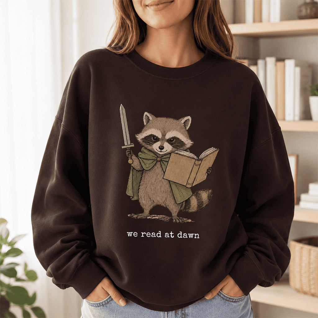 Raccoon We Read At Dawn Crewneck Sweatshirt | Reader Gift Dark Chocolate