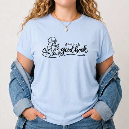 Lost In A Good Book Cotton T-Shirt | Dog & Book Lover Gift Light Blue