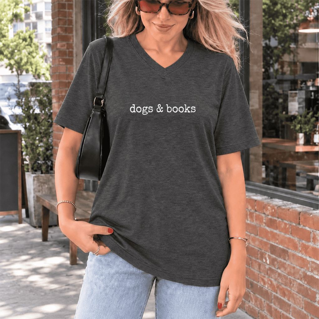 Dogs & Books Ultra-Soft V-Neck | Dog Lover & Reader Gift Dark Grey Heather