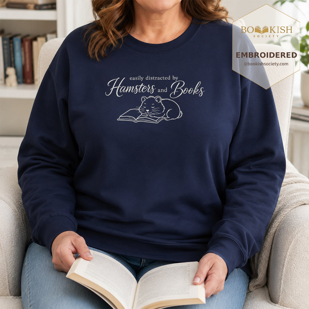 Easily Distracted By Hamsters And Books Sport Embroidered Sweatshirt | Reader Gift Navy