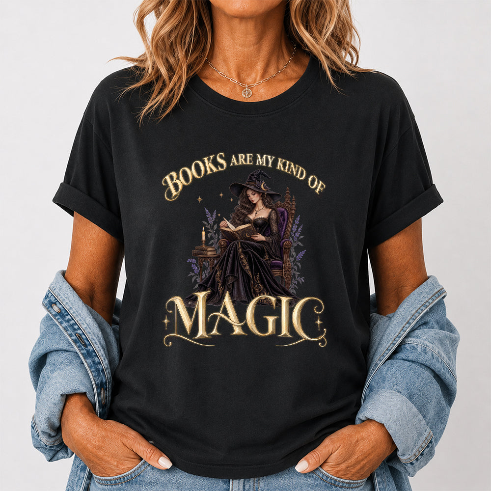 Books Are My Kind Of Magic Printed T-Shirt | Halloween Feminine Magic Reader Gift Black