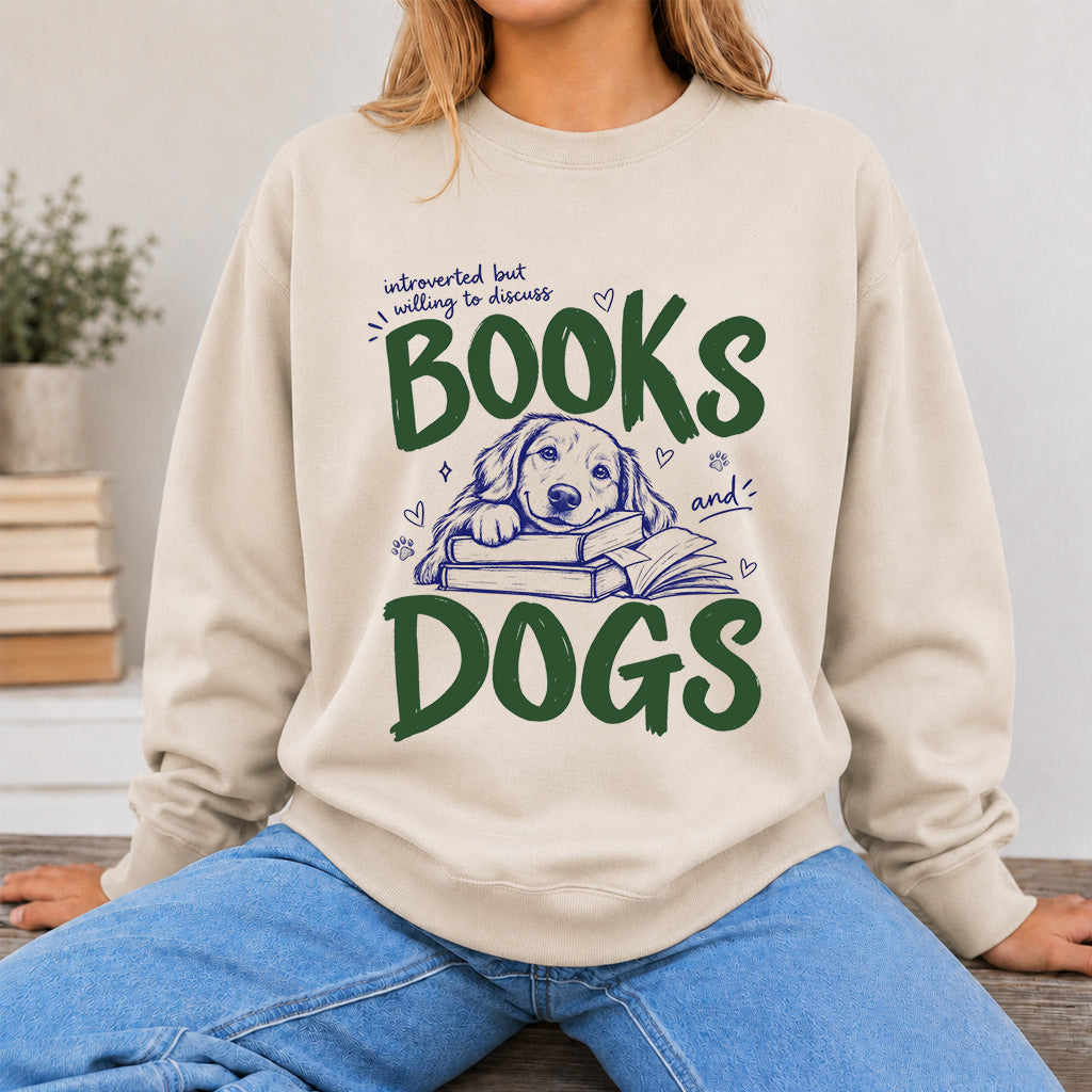 Introverted But Willing To Discuss Books And Dogs Crewneck Sweatshirt | Dog Lover & Reader Gift Sand