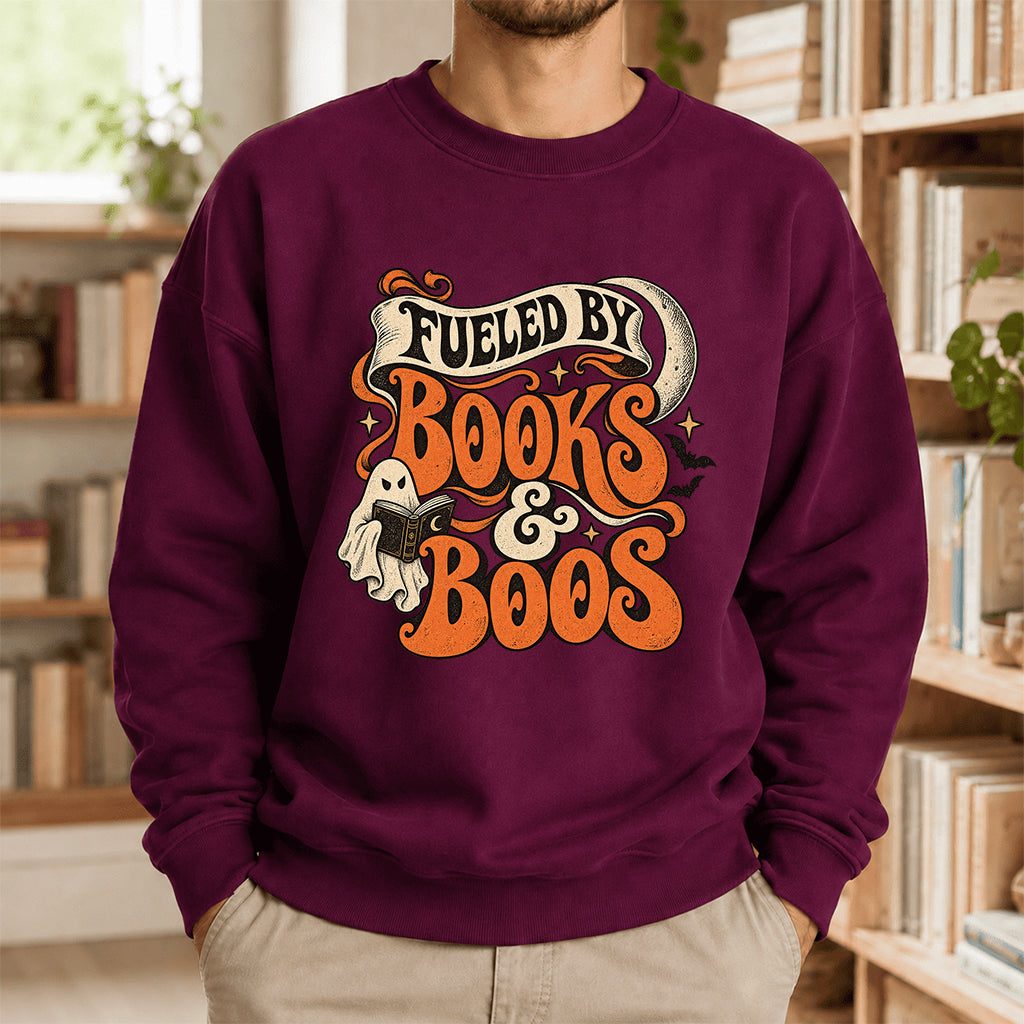 Fueled By Books & Boos Printed Sweatshirt | Halloween Book Lover Gift Maroon