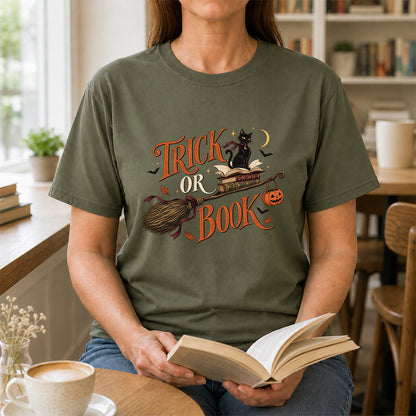 Trick Or Book Black Cat Printed T-Shirt | Halloween Book Lover Gift Military Green
