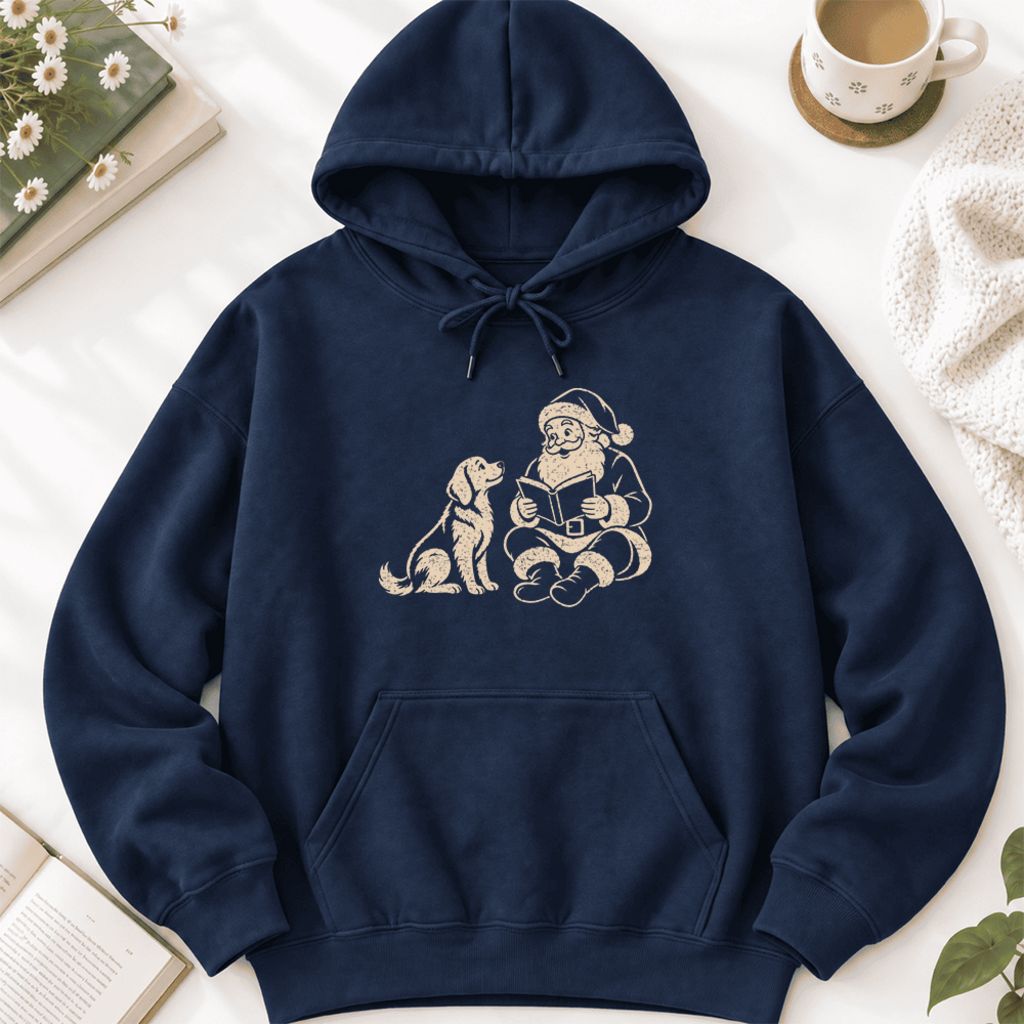 Funny Dog With Santa Christmas Softstyle Hoodie | Christmas Gift For Dog & Book Lover Navy