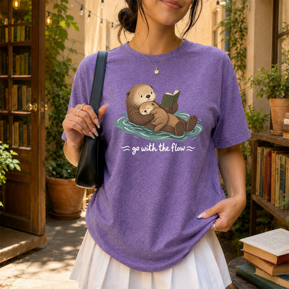 Go With The Flow Otter Reading Softstyle T-Shirt | Book Lover Gift Heather Purple