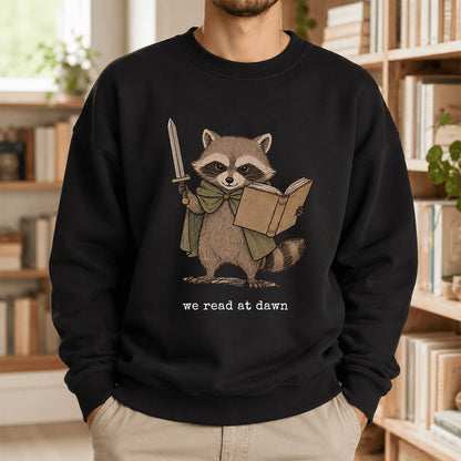 Raccoon We Read At Dawn Crewneck Sweatshirt | Reader Gift Black