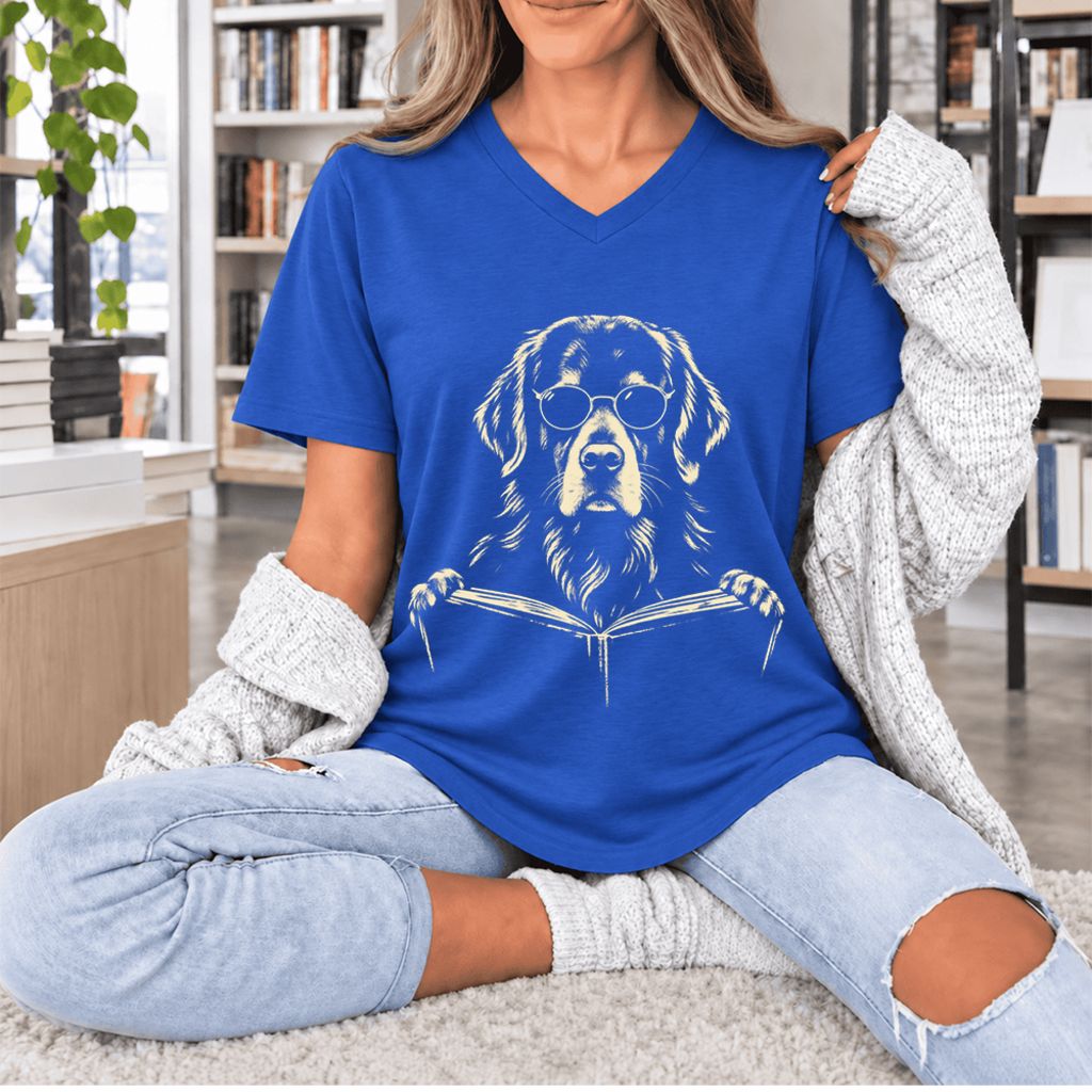 Golden Retriever Reading Book Ultra-Soft V-Neck | Dog Mom Reader Gift True Royal
