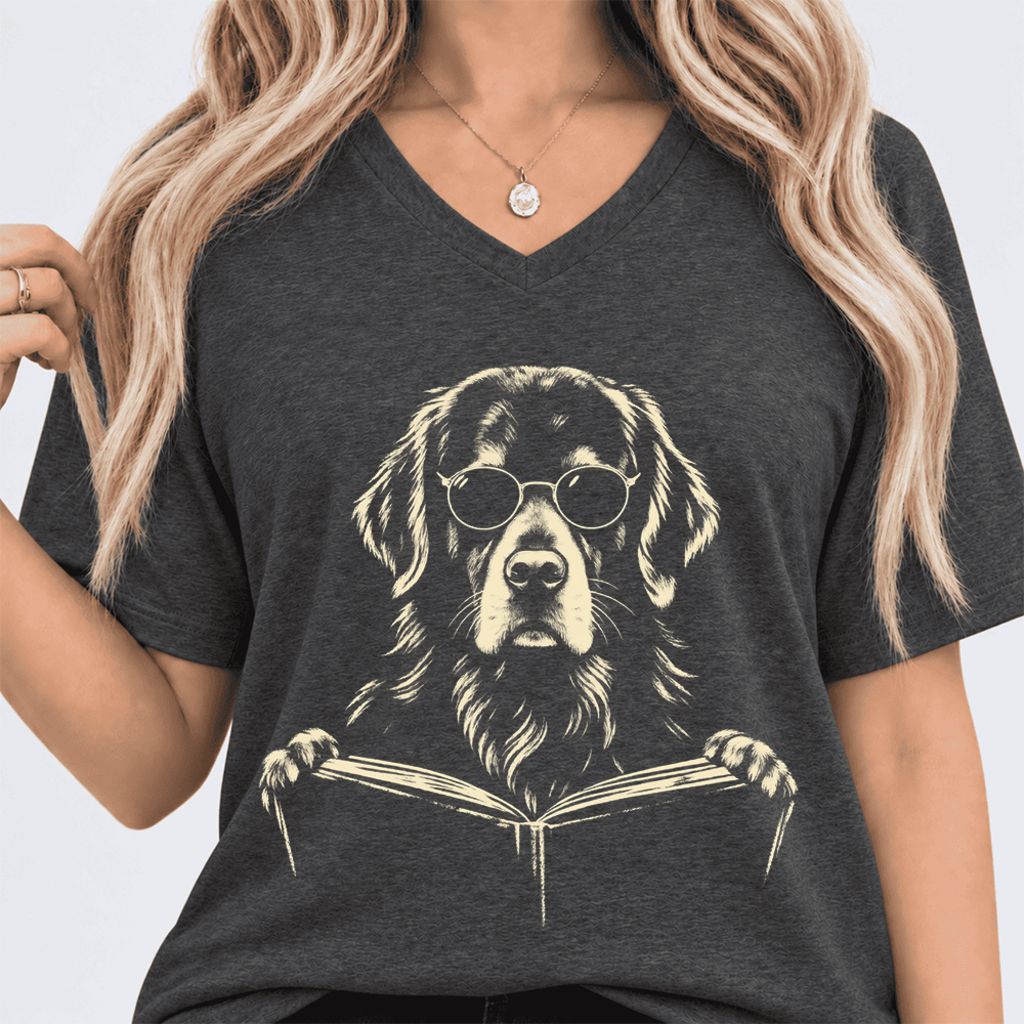 Golden Retriever Reading Book Ultra-Soft V-Neck | Dog Mom Reader Gift Dark Grey Heather