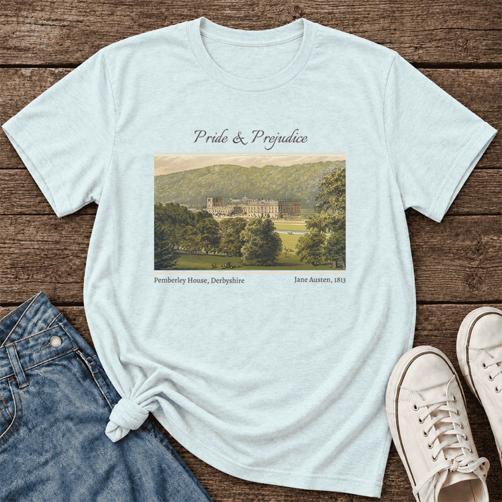 Pemberley House Pride And Prejudice Ultra-Soft Cotton T-Shirt | Gift Heather Ice Blue