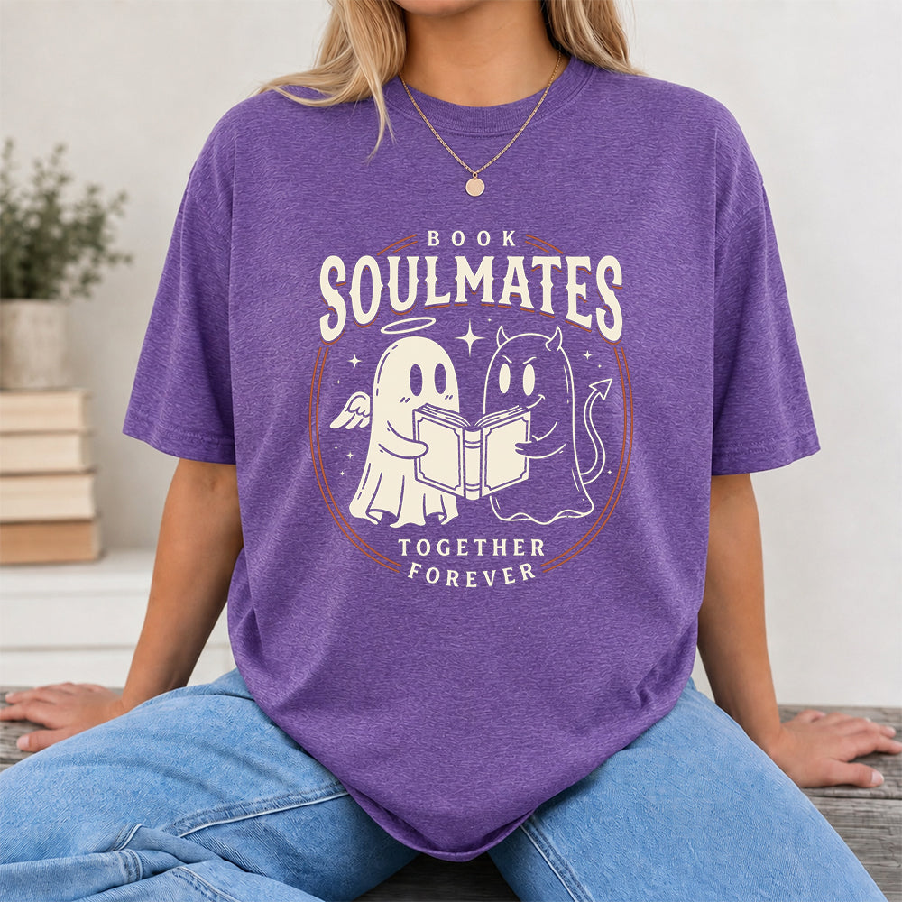 Book Soulmates Together Forever Printed T-Shirt | Halloween Book Lover Gift Heather Purple