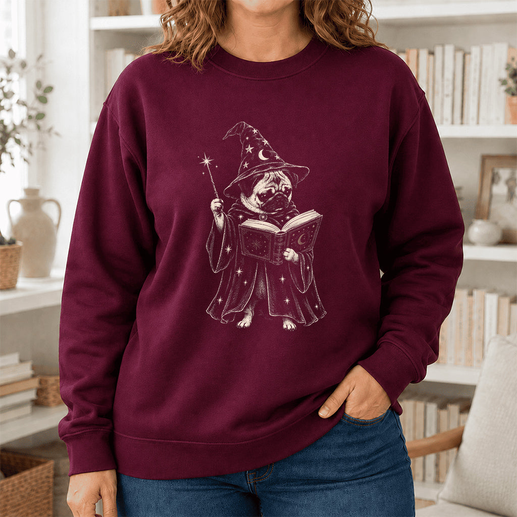 Cute Pug Witch Reading Book Printed Sweatshirt | Halloween Book Lover Gift Maroon