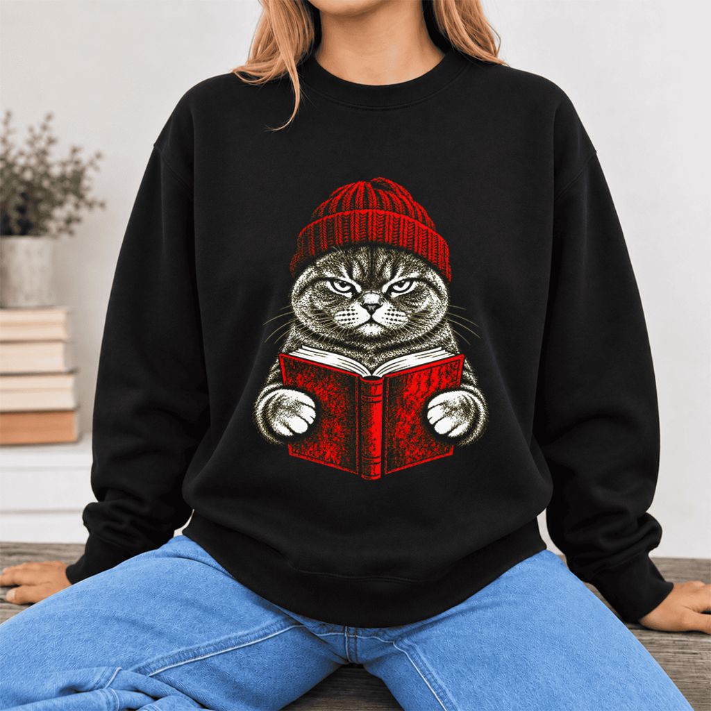 Vintage Reading Cat British Shorthair Softstyle Sweatshirt | Christmas Gift Black