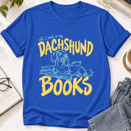 All I Need Is My Dachshund And My Books Ultra-Soft V-Neck | Dog Mom Reader Gift True Royal